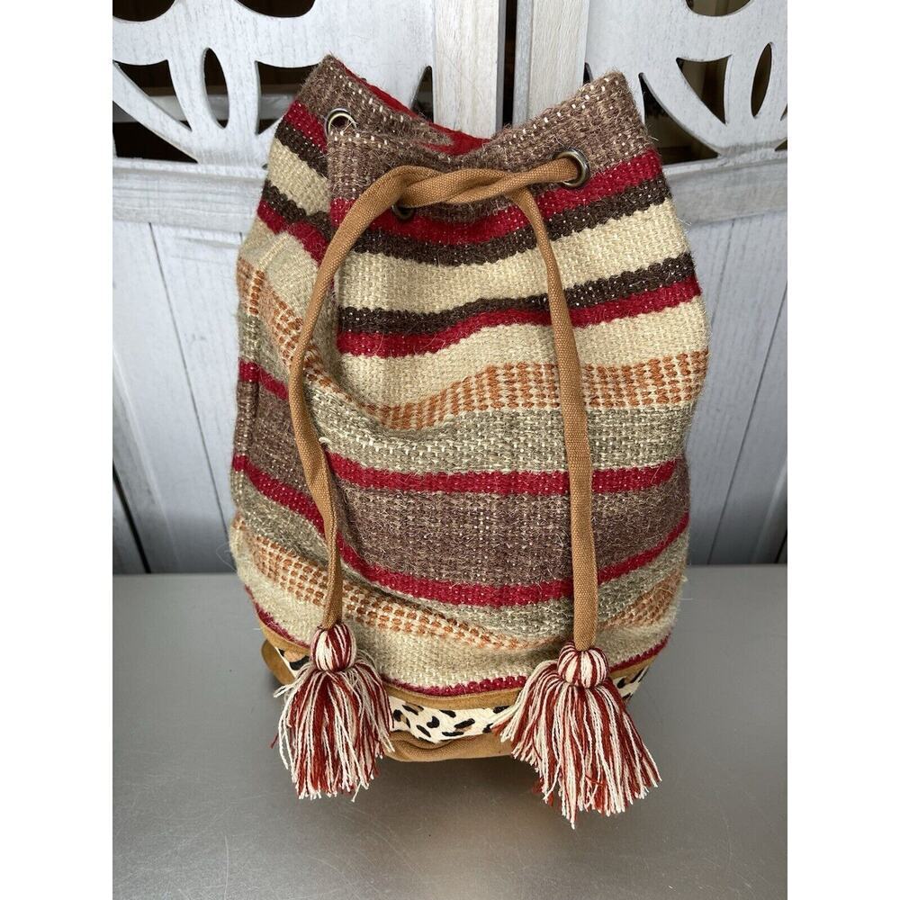 Chloe And Lex Striped Wool & Suede Bucket Backpack Bag Calf Hair